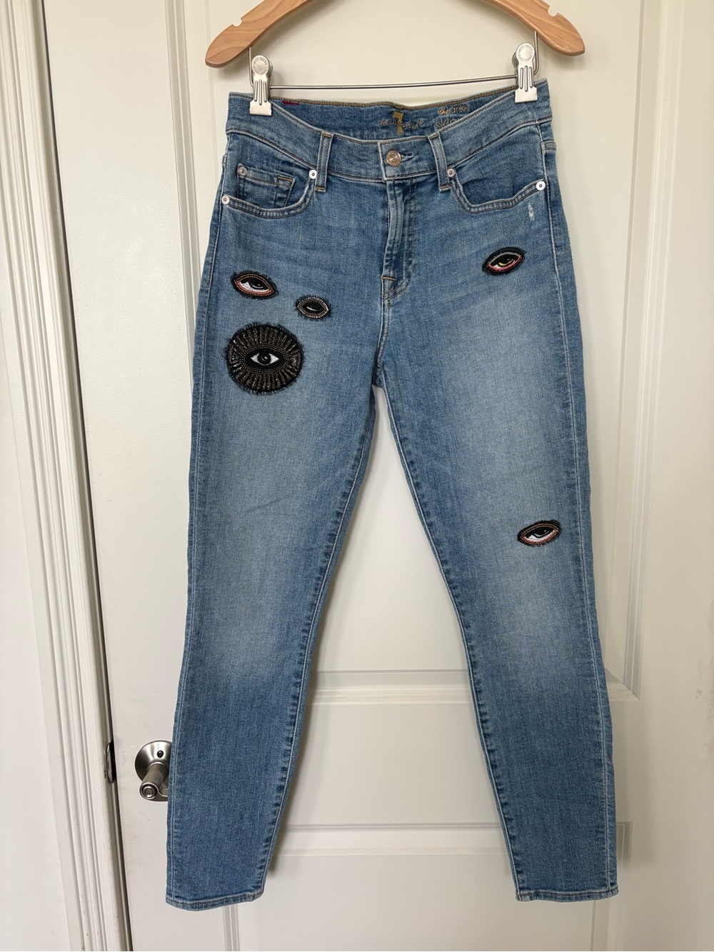7 For All Mankind Embroidered Evil Eye Skinny Jeans size 27 RARE